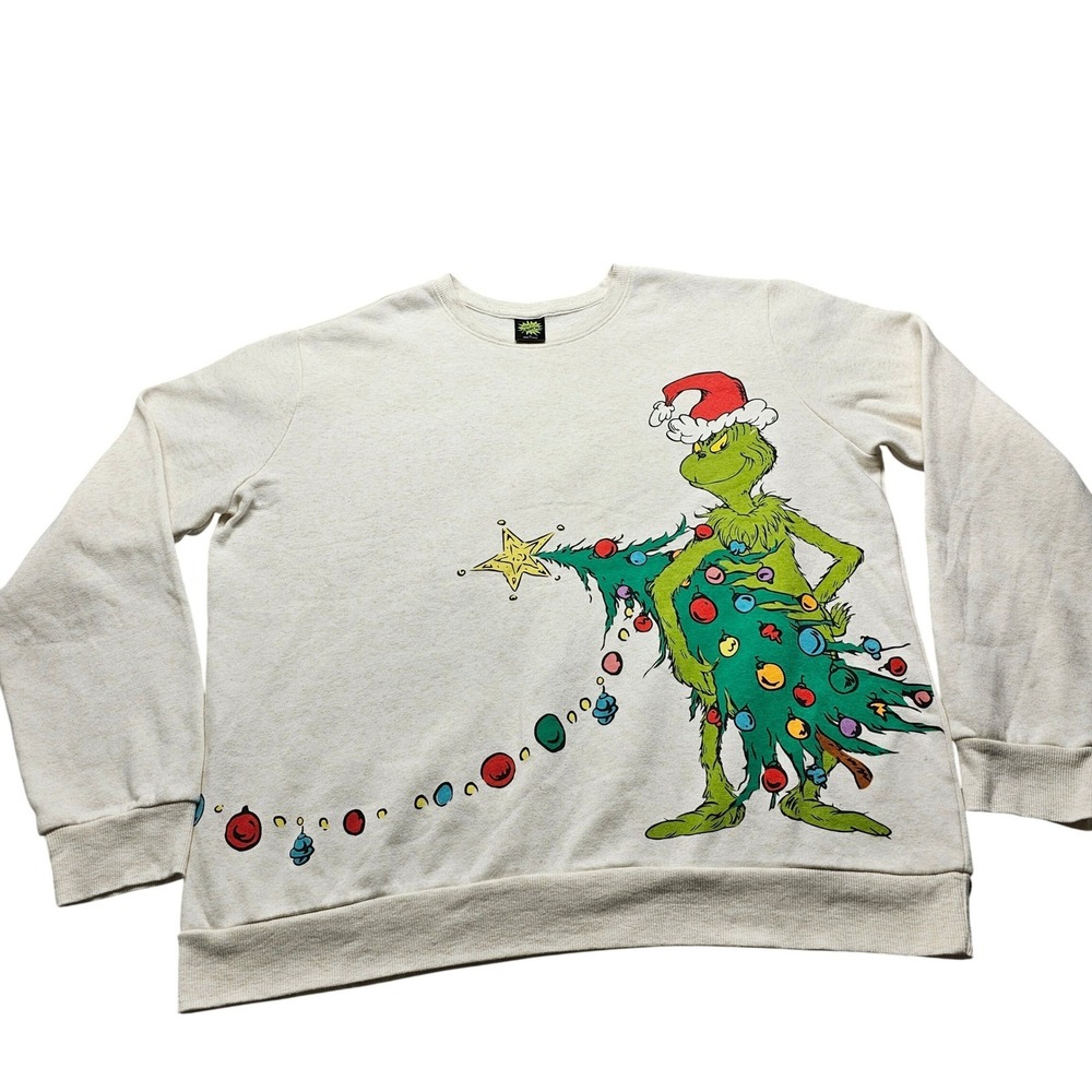The Grinch Dr Seuss Sweatshirt Men XL Oatmeal Holiday Christmas Graphic Pullover